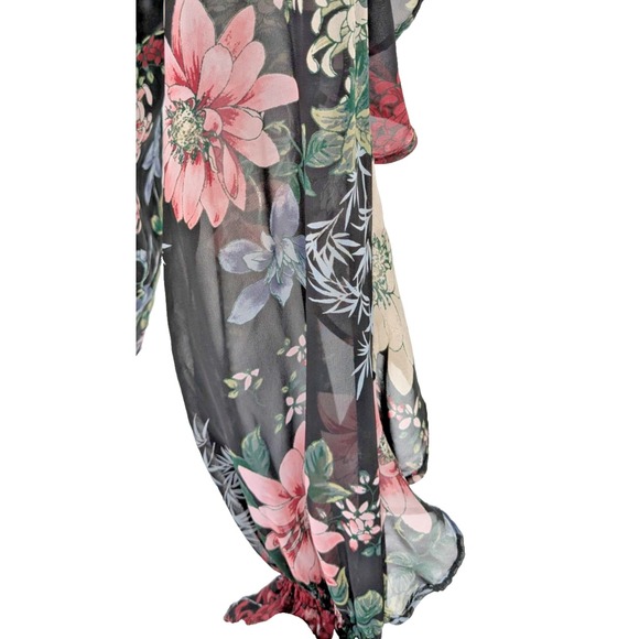 VICTORIAN Dark Fairy Blouse Top MEDIUM Black Floral Button Up Ruffles Excellent - Picture 10 of 14